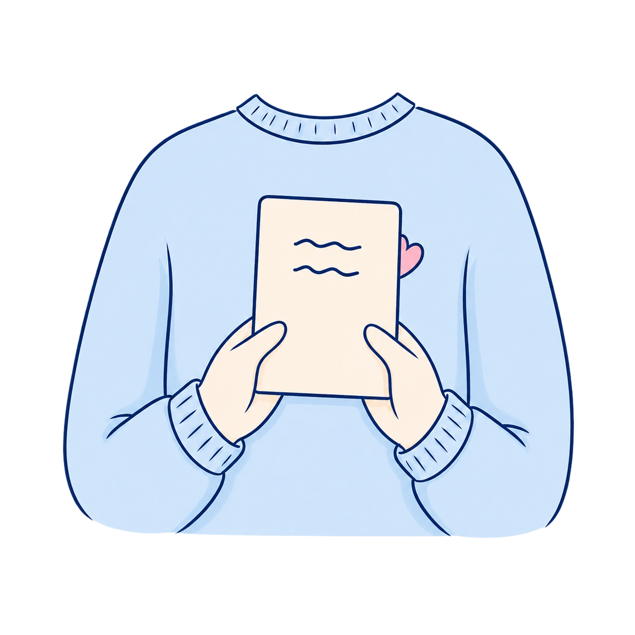 A person in a blue sweater holding a journal close to their chest.