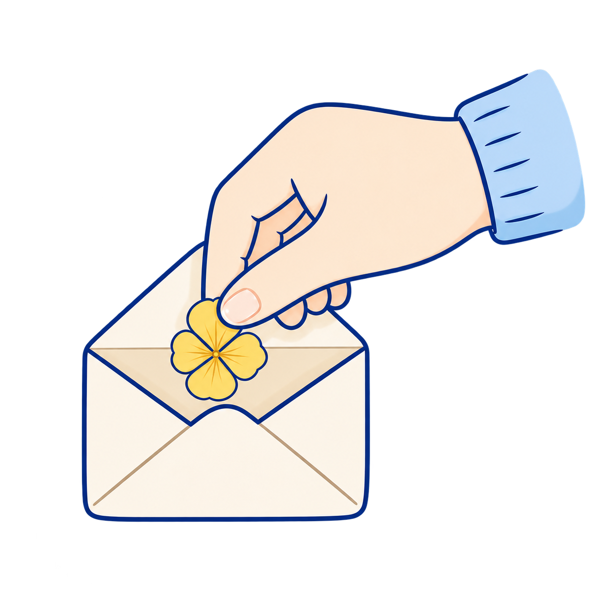 A hand placing a yellow flower into an open envelope.
