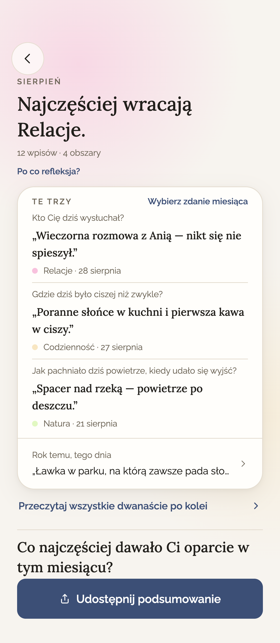 Podsumowanie sierpnia: „Najczęściej wracają Relacje”, a pod nim trzy wpisy z tego miesiąca.