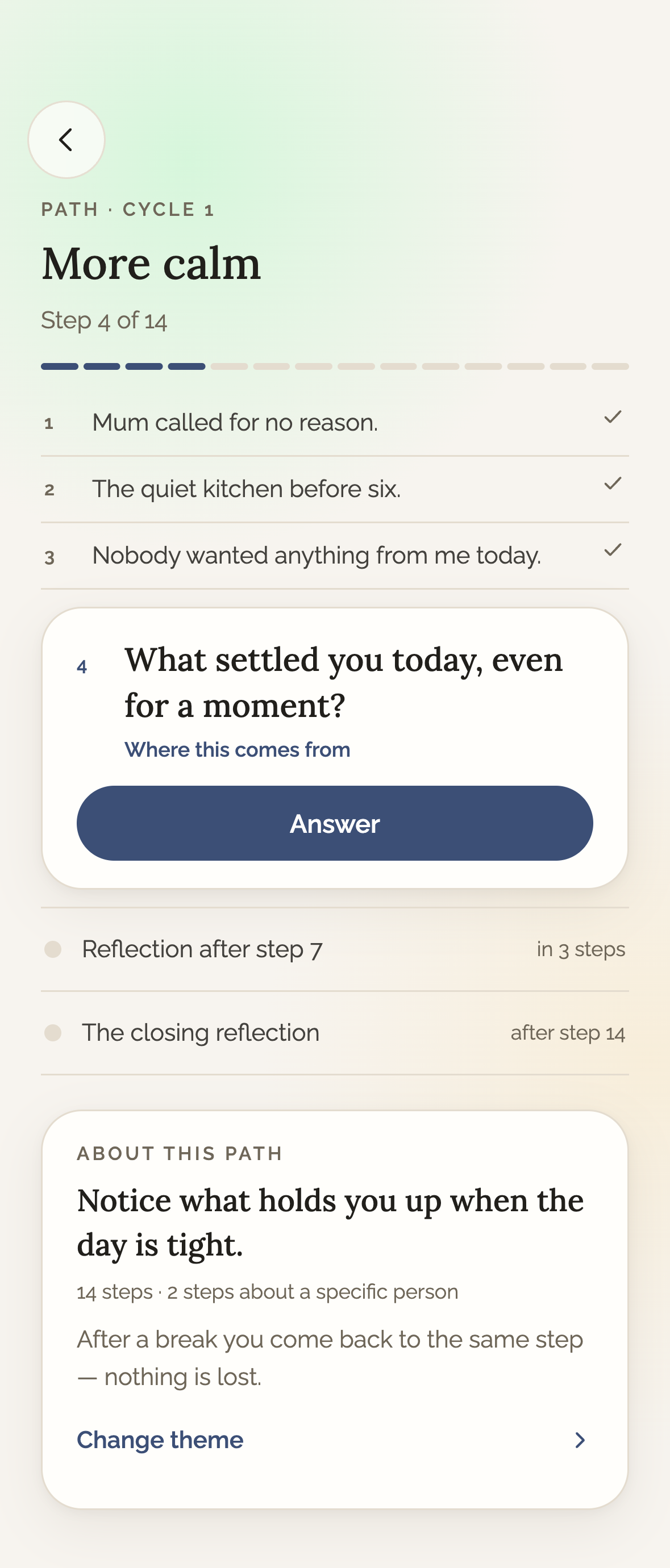 The “More calm” path at step 4 of 14, with three answered steps and the reflections ahead.
