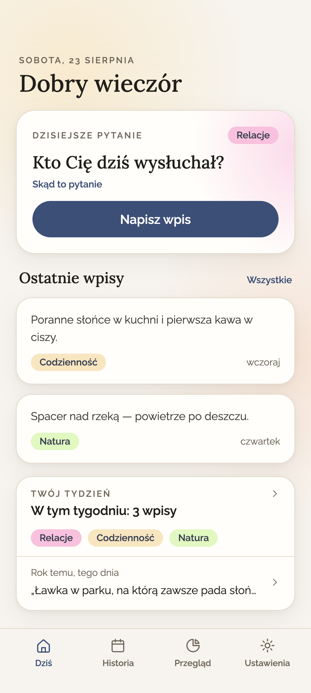 Ekran Dziś: dzisiejsze pytanie „Kto Cię dziś wysłuchał?”, ostatnie wpisy i Twój tydzień.